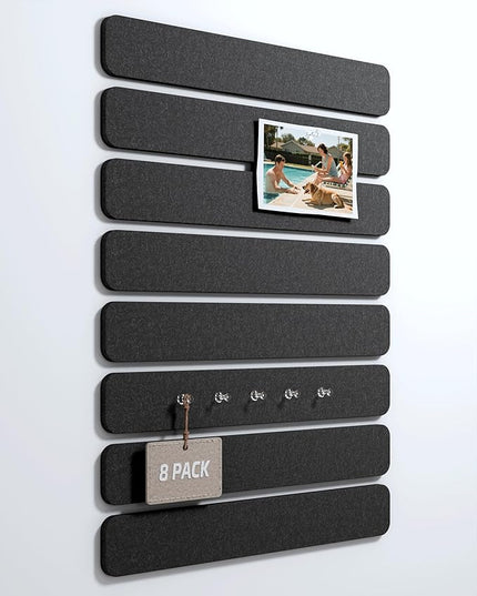 Fluxynara Cork Board Alternative Felt Strip Board 8-Pack 13"x2", Office Pin Board with 50 Push Pins, Adhesive Install for Bedroom Door & Home Office(Black)