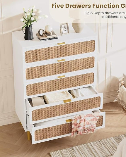 Garvee Rattan Dresser with 5 Drawers, Tall Modern Closet with Deep Storage, Large Chest of Drawers with Wide Top, Long Wooden Dresser for Bedroom, Living Room, Hallway, Kids Room, White