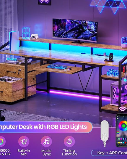 SEDETA 63" Computer Desk, Office Desk with Lock Drawers for Legal/Letter File, Gaming Desk with LED Light & Power Outlet, Home Office Desks for Printer, Rustic Brown