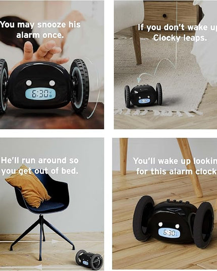 CLOCKY Extra Loud Alarm Clock for Heavy Sleepers on Wheels Rolls Runaway Vibrating Easy To Set Super Smart Snooze Digital Bed Shaker Alarm Clock Funny Gift for Adults Kids Teens Bedroom (Black Wheels)