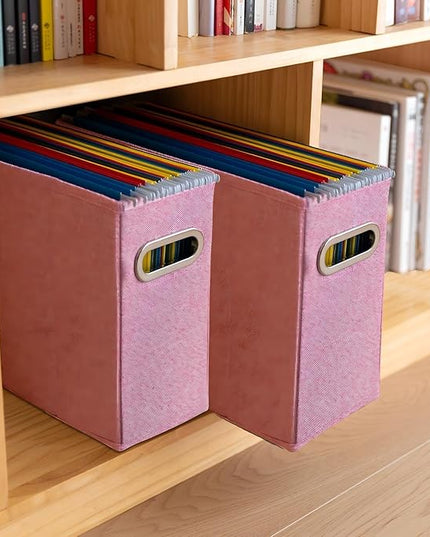 4 Pack Letter Size File Storage Box Collapsible，Fabric Hanging File Folders Organizer, Portable Office Document Holder with Metal Handle, Smooth PVC Rails, Pink