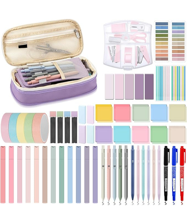 Sinload 60 Pcs Aesthetic Book Annotation Kit School Supplies Cute Pencil Case 12 Highlighter 5 Gel Pen 6 Mechanical Pencil 5 Magnetic Bookmark 1220 Pcs Sticky Note Tab Student Stationary(Purple)