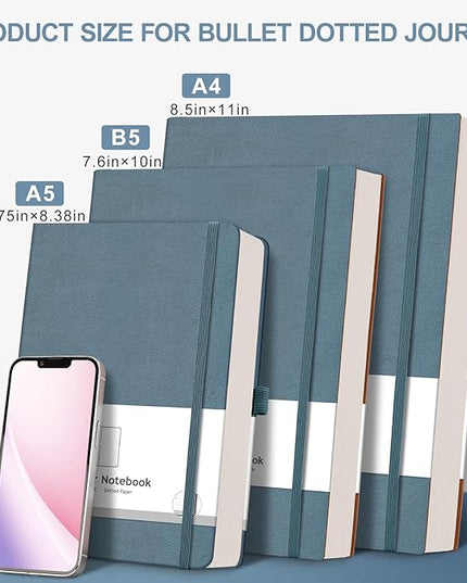AHGXG Bullet Dotted Journal - Large A4 Notebook Dotted, 8.5''×11'', 320 Pages Dot Grid Notebook, 100gsm Thick Paper, Leather Softcover, with Journal Stencils, Inner Pocket - GrayBlue