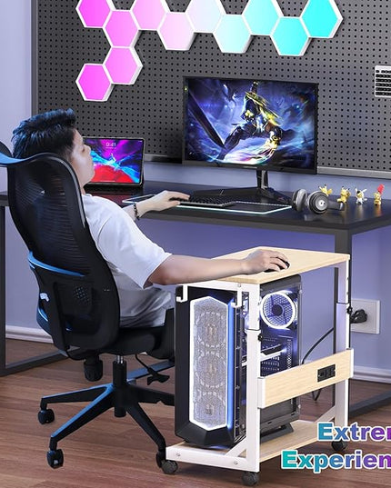 Height Adjustable Computer Tower Stand with Charge Station and USB Charging Port, 2-Tier ATX-Case Cart, Under Desk Mobile PC Stand, CPU Holder Cart with Locking Caster Wheels for Fits Most PC