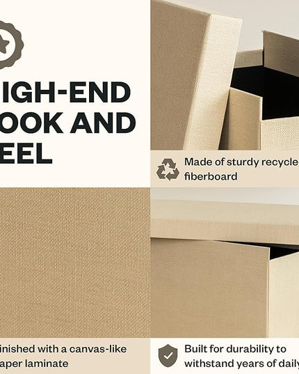 Bigso John File Box - File Storage Box and File Organizer for Important Paperwork - Durable Hanging File Box with Lid and Leather Handle - 7.36 in x 13.26 in x 10.51 in - Cream