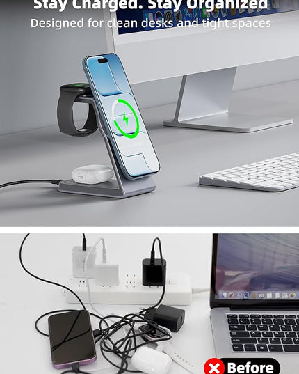 2025 3 in 1 Magnetic Wireless Charger Stand for Apple Devices, TRIBONE Qi2 Certified 15W Fast Charging Station for iPhone 17/16/15/14/13/12 Series, Apple Watch, Airpods