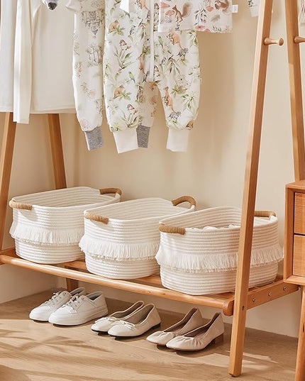 Storage Bins Woven Baskets for Storage Set of 3, Cotton Rope Basket with Handles for Toys/Shelves/Laundry, Rectangle Multi-Purpose Organizer for Living Room, Bedroom, Nursery (White)