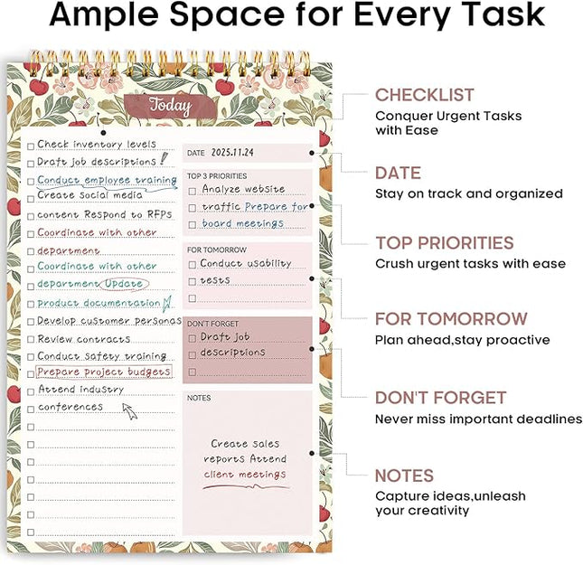 Taja To Do List Notepad - To Do List Notebook for Work with 52 Sheets, Undated Daily Planner Perfect for Daily Tasks and Goal Setting, Notepad Suitable for Office, Home & School - Cherry Orchard