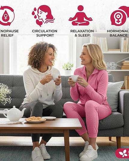 FreshDrinkUS, 40 Tea Bags - Menopause Support Herbal Tea – Soothing Blend with Rhubarb, Hibiscus, Valerian, Passiflora, Ashwagandha, Fennel & Chamomile, Caffeine-Free, Vegan, Non-GMO