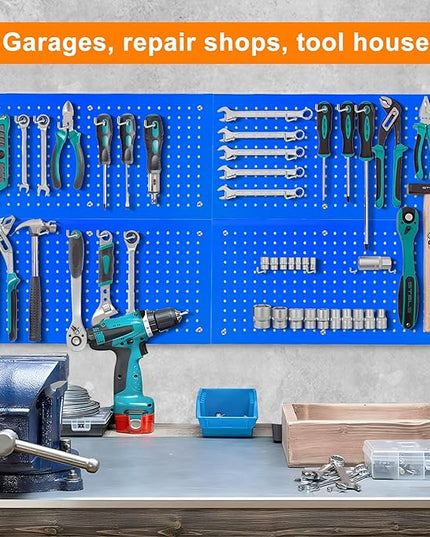 Metal Pegboard Panels 24" x 12" 4 Pack Heavy Duty Steel Pegboard Wall Organizer, Garage Utility Tools Pegboard Storage System for Workbench, Shop, Shed Modular Peg Board Organizer Board Kit (Blue)