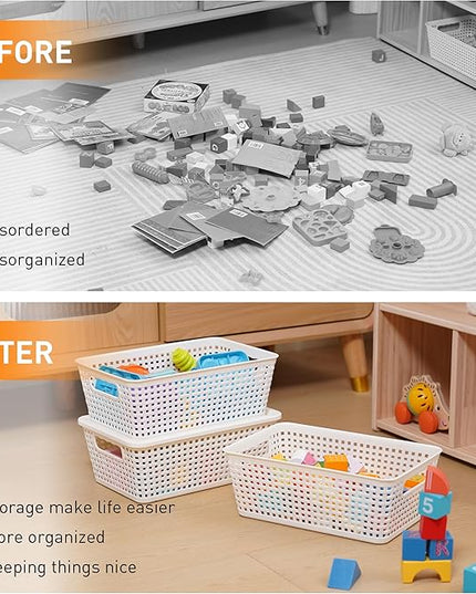 Plastic Storage Baskets With Lid, Storage Bins for Organizing, Stackable Decorative Containers for Shelves Drawers Desktop Closet Playroom Classroom Office, 10 Pack-White