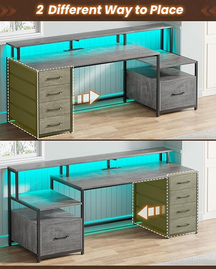 SEDETA Home Office Desk with File Drawer & Power Outlet, 66'' Computer Desk with 5 Drawer, Storage Shelves, Printer Cabinet and Monitor Shelf, Gaming Desk with Led Lights, Grey