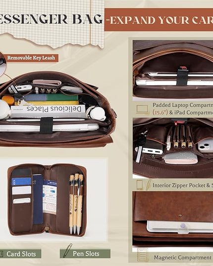 RAINSMORE Flap Messenger Bag for Men Vintage PU Leather Laptop Bag 15.6 Inch Retro Briefcase with Wallet Satchel Computer Bag