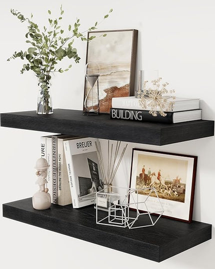 Fun Memories Black Floating Shelves 30" W x 12" D, 12 Inch Deep Floating Shelf for Books, Bathroom, Living Room, Rustic Wood Wall Shelves, 2 Inch Thicked Storage Shelf for Home Storage, Set of 2