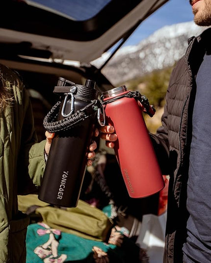 Insulated Water Bottle 40oz,Triple Wall Vacuum Stainless Steel(Dishwasher Safe),Leak Proof & Non-BPA,Flask Jug with Paracord Handle & Straw Spout Lids Sports Gradient indigo blue/black