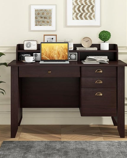 Tangkula Computer Desk with 4 Storage Drawers & Hutch, Home Office Desk Vintage Desk with Storage Shelves, Wooden Executive Desk Writing Study Desk (Brown)