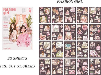 Auguro Scrapbooking Sticker 20 Sheets 120 Pre-Cut PET Fashion Stickers People Sticker Books for journaling Scrapbook Supplies Transparent Stickers