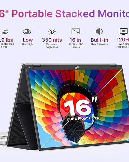 Mobile Pixels Duex Float 2.0 Pro 16" 2.5K Portable Monitor for Laptop, Built-in Kickstand & Speakers Ultra-Thin Laptop Screen Extender | USB-C & HDMI | Plug & Play for Windows, MacOS, Switch, Android