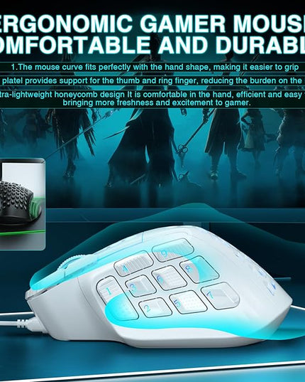 SOLAKAKA SM809 Gaming Mouse for MMO,24000 DPI,16 Programmable,RGB PC Gaming Mice,White