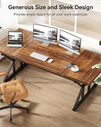 LITTLE TREE 70.8-Inch Office Desk, Wooden Executive Office Desk, Modern Work Desk, Large Farmhouse Writing Table Computer Desk for Home, Brown-Black