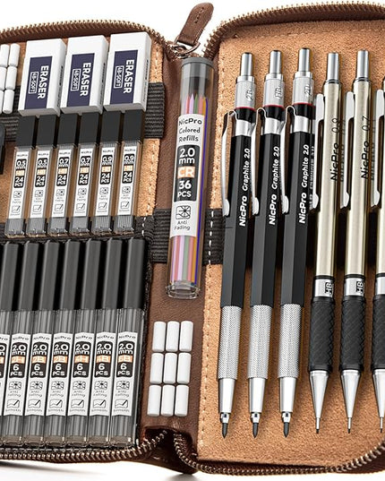 Nicpro 30PCS Art Mechanical Pencil Set in Leather Case, Metal Drafting Pencil 0.5 mm, 0.7 mm, 0.9 mm & 3 PCS 2mm Lead Holders for Sketching Drawing With 16 Tube (6B 4B 2B HB 2H 4H Colors) Lead Refills