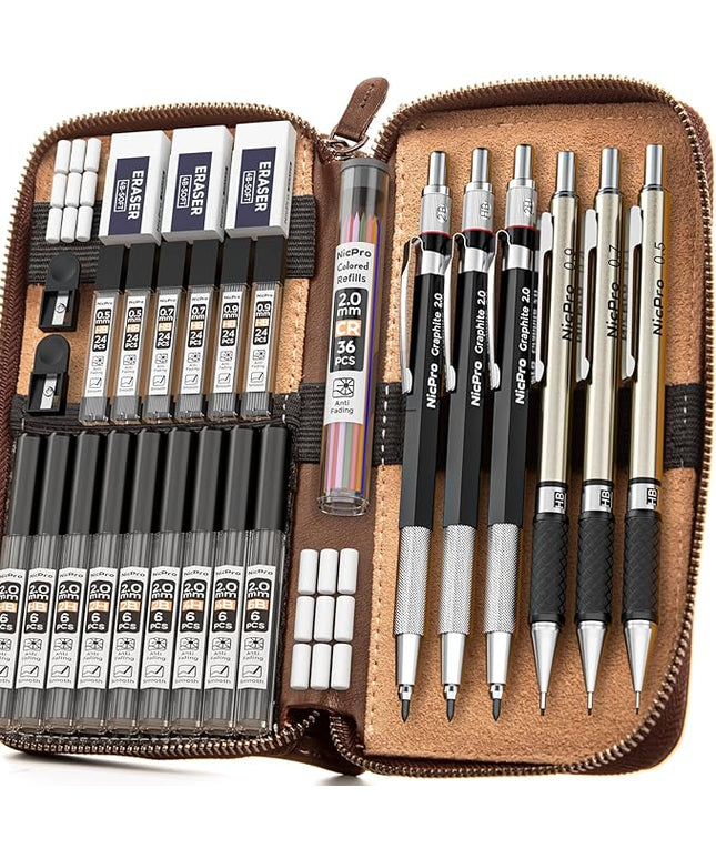 Nicpro 30PCS Art Mechanical Pencil Set in Leather Case, Metal Drafting Pencil 0.5 mm, 0.7 mm, 0.9 mm & 3 PCS 2mm Lead Holders for Sketching Drawing With 16 Tube (6B 4B 2B HB 2H 4H Colors) Lead Refills