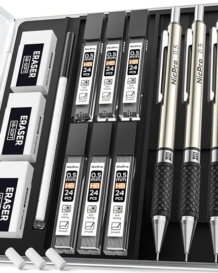 Nicpro 0.5 mm Art Mechanical Pencil Set in Storage Case, 3 PCS Metal Drafting Pencil Lead Pencil with 6 Tube HB Refills, 3 Erasers, 9 PCS Eraser Refills for Artist Writing, Drawing, Sketching