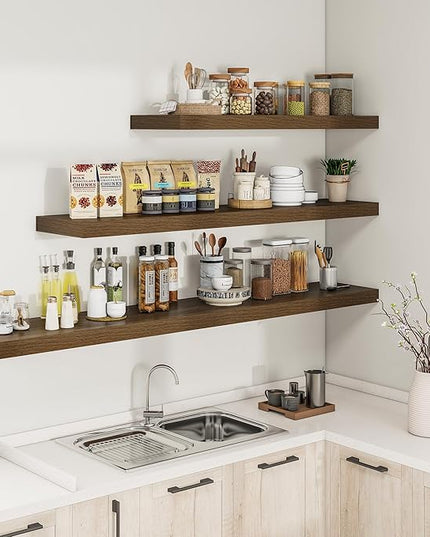 RICHFOCUS 72Inch Floating Shelves for Wall 1 Pack Shelves for Bedroom|Kitchen|Bathroom Wall Mounted Rustic Wood Floating Shelf with Invisible Brackets for Books|Storage|Decor, Walnut