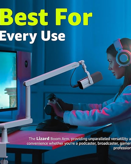 IXTECH White Microphone Boom Arm Stand Low Profile Boom Arm Adjustable Mic Stand with Built In Cable Management 360° Swivel Mic Arm.