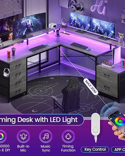 SEDETA L Shaped Desk with 6 Drawer, 108" Home Office Desk with File Drawer & Power Outlet, Corner Computer Desk with Monitor Shelf, Two Person Desk, Gaming Desk with Led Lights, Grey
