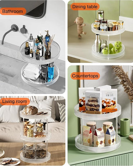 360° Clear Rotating Storage Tray, 2 Tier Lazy Susan Bathroom Countertop Organizer, Cosmetics and Perfume Organizer, Spinning Storage Tray Vanity Organizer Shelf for Bathroom Cabinet, Kitchen(Medium)