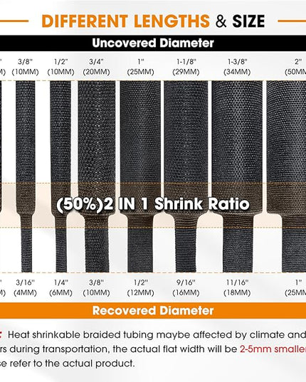 SUNNAREPOON Black 2:1 Ratio Automotive Heat Shrink Braided Sleeving,Wear-Resistant Flat Woven Shrinkable Sleeve Fabric Car Cable Wires Hoses Protection (1/2"-12ft)