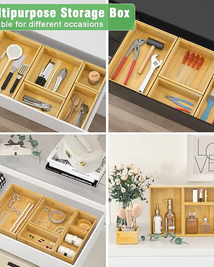 Bamboo Bathroom Drawer Organizer Dividers, Wooden Kitchen Utensil Holder Set of 5, Stackable Junk Drawer Organizer Tray, Multi-Use Storage Bins Boxs for Home, Office, Clothing, Makeup, Jewelry