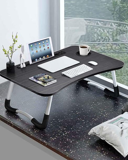 Slendor Lap Desk with Cup Holder, Foldable Laptop Table for Bed, Portable Bed Desk for Laptop and Writing, Computer Tray with Tablet Slot, Notebook Stand Reading Holder for Couch Sofa Floor,Black