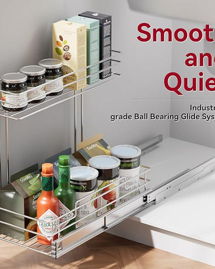 Under Sink Organizer 2 Packs, Pull Out Cabinet Organizer 2 Tier, Under Sink Slide Out Organizer Chrome Plated, Under Kitchen Bathroom Sink Organizer, Pantry Cabinet Closet Organization Rack, 9"W X19"D