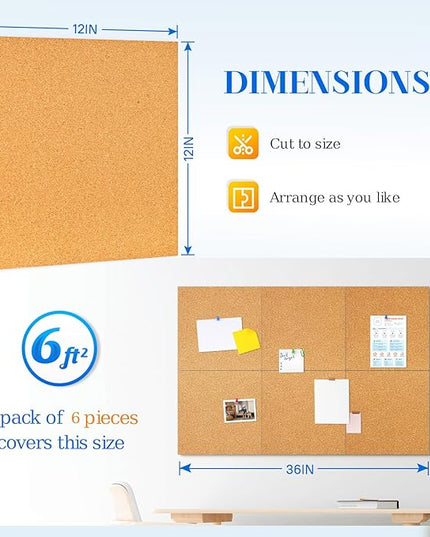 DOLLAR BOSS Cork Board Tiles, 6 Packs 12" x 12" 1/2" Thick Cork Bulletin Board Self Adhesive Corkboards for Walls with 60 Pushpins for Home Office Kitchen School Decor Display