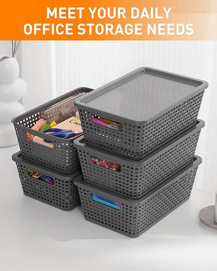 Plastic Storage Baskets With Lid, Storage Bins for Organizing, Stackable Decorative Containers for Shelves Drawers Desktop Closet Playroom Classroom Office, 6 Pack-Grey