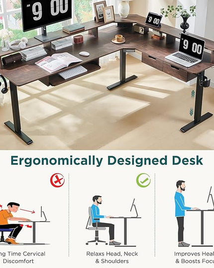 RedLemon 75X60 Inches L Shaped Electric Standing Desk, Height Adjustable Corner Gaming Desk with Drawers, Keyboard Tray, Power Outlets & LED Lights, Computer Desk with Monitor Shelf, Dark Walnut