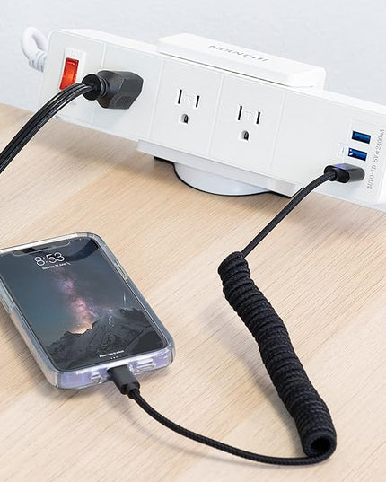 Mount-It! Power Strip Holder Clamp Desk Mount with Included Surge Protector | White Desktop Power Outlet with 3 USB Ports and 3 AC Power Outlets | Adjustable Power Strip Clamp Mount