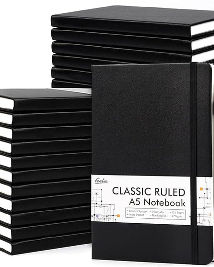 24 Pack Journal Notebook for Work, Feela Business Notebook Bulk Hardcover Lined Writing Journal with Pen Holder for Men Women Note Taking, with 24 Black Pens, 120 GSM, 5.1”x8.3”, A5, Black