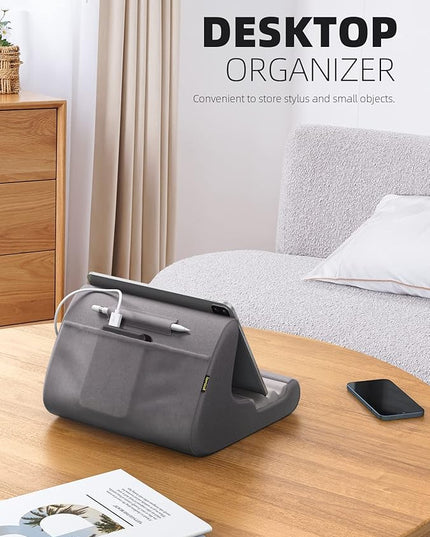 Lamicall Tablet Stand Pillow Holder - Tablet Pillow Soft Pad for Bed, Lap Phone Stand with Stylus Mount & Pocket, for iPad Pro 12.9, Air, Mini, Kindle, Galaxy Tab and 4-13" Devices, Dark Grey