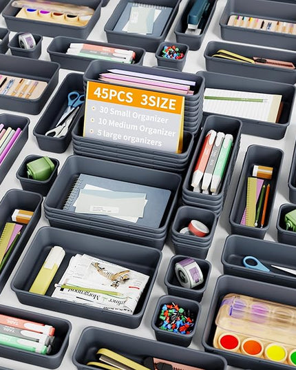 45 Pack Desk Drawer Organizer Tray, 3 Sizes Plastic Drawers Organizer Storage for Kitchen, Bathroom, Office, Vanity, Makeup, Utensils, Junk Drawer Organizer Bins, Gadget Trays for Organizing, Grey