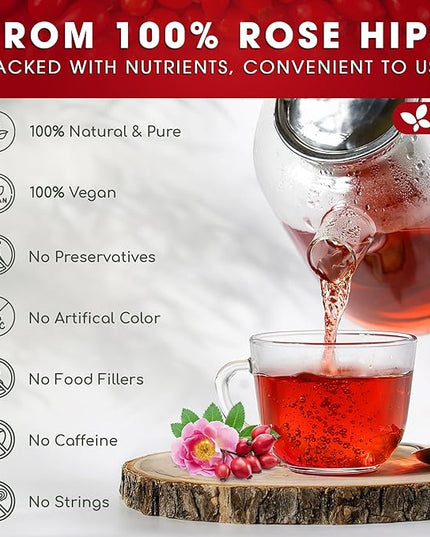 FreshDrinkUS, Premium 135 Rosehip Tea Bags, 100% Natural & Pure from Rose Hip Fruits. Loose Rosehip Herbal Tea. Made with Natural Material Tea Bags. No Sugar, No Caffeine, No Gluten, Vegan.