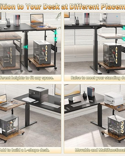 Computer Tower Stand with Power Strips, 4 Levels Manual Height Adjustable PC Tower Stand for Under Desk, Mobile Rolling CPU Holder, Computer Cart with Wheels, 24", Rustic Brown