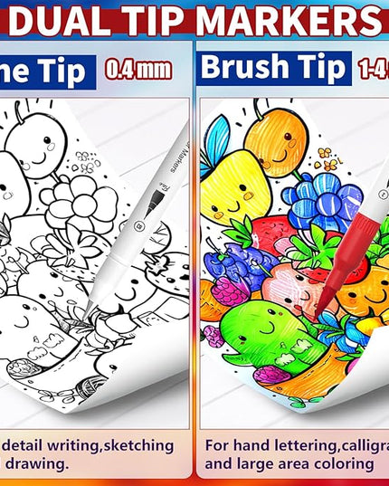 120 Dual Tip Art Marker Pens, Color by Number Markers, Professional Brush & Fine Tips Coloring Markers for Student Adults Colouring Book Sketching Drawing Lettering Greeting Cards Gift