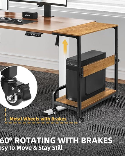 2-Tier Computer Tower Stand Adjustable, Gaming PC Floor Stand Large for ATX, E-ATX, ITX, Rolling PC Tower Cart with Guardrail, Metal Locking Wheels, 32.7" X 21.6" X 15.8",Walnut