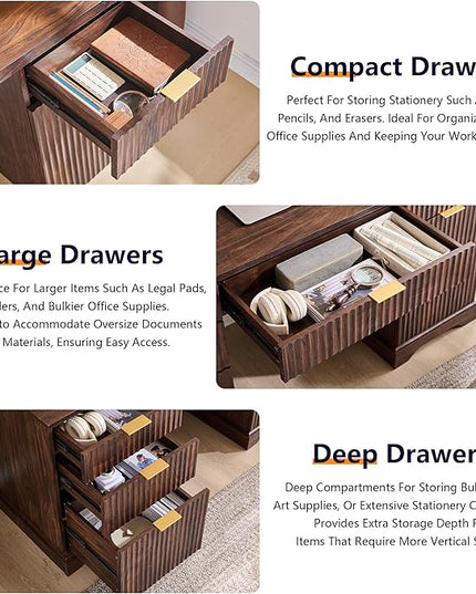 JXQTLINGMU 58" Modern Executive Desk with Storage, Wood Home Office Desk with 5 Drawers & 1 Cabinet, Fluted Computer Writing Desk for Study, Living Room, Bedroom, Dark Walnut