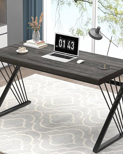 FOLUBAN Modern Home Office Desk, Rustic Wood and Metal Computer Desk, Writing Study Gaming Table PC Desks for Living Room Bedroom, Industrial Dark Gray, 53 inch