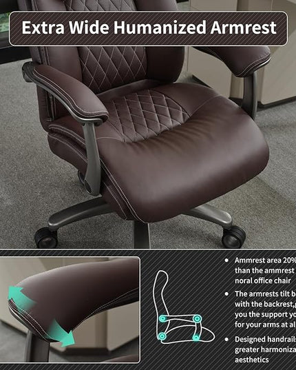 Big and Tall Office Chair with Wide Area Armrest, 600lbs Heavy Duty Desk Chair with Adjustable Lumbar Support, PU Leather High Back Ergonomic Executive Computer Chair with 3'' Silent Casters