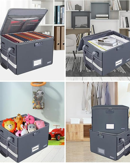 ENGPOW File Box with Lock, Fireproof Document Box with Zipper Lid, Collapsible File Organizer Storage Filing Cabinet with Handle, Portable Home Office Safe for Hanging Letter/Legal Folders, Grey